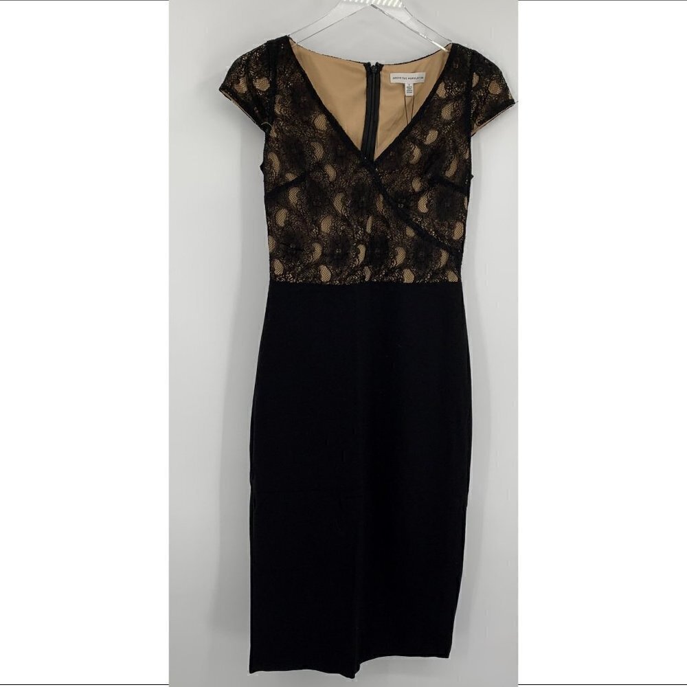 Dress the Population Jaleah dress black lace sheath shift cap sleeve new Small